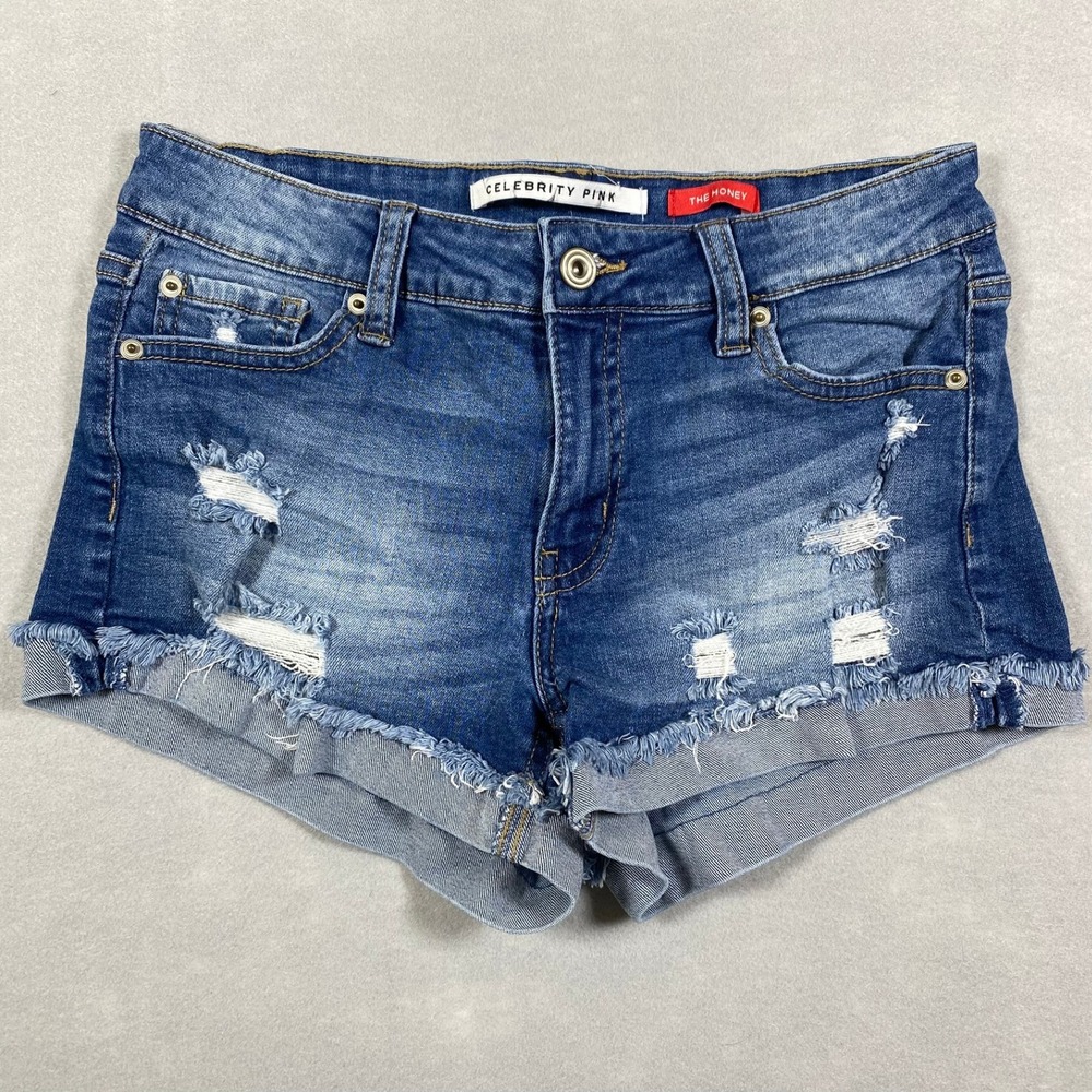 Celebrity Pink The Honey Distressed Denim Shorts Medium Wash Blue Juniors 3/26